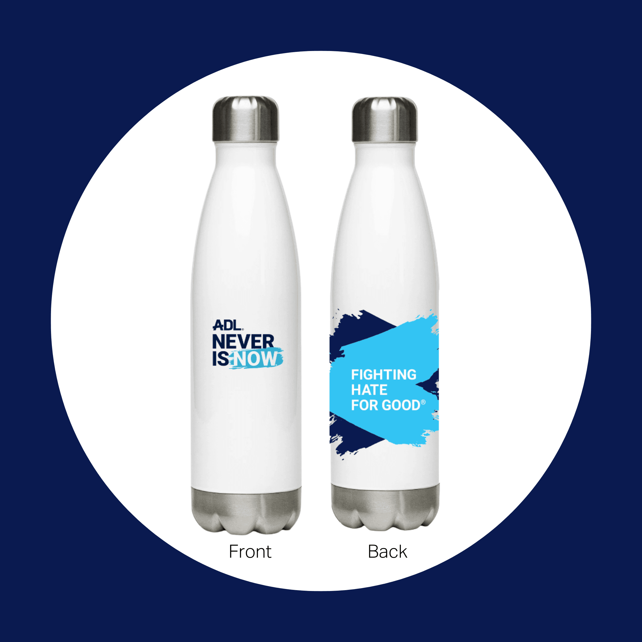 never is now water bottle back and front.